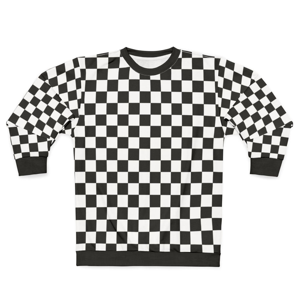 Black checkerboard pattern sweatshirt with modern, minimalist design