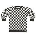 Black checkerboard pattern sweatshirt with modern, minimalist design