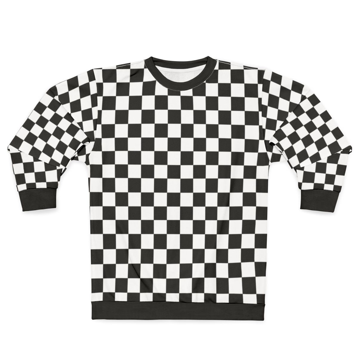 Black checkerboard pattern sweatshirt with modern, minimalist design