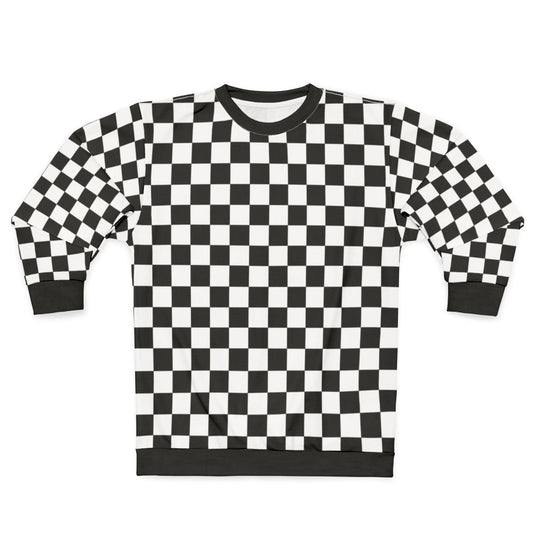 Black checkerboard pattern sweatshirt with modern, minimalist design