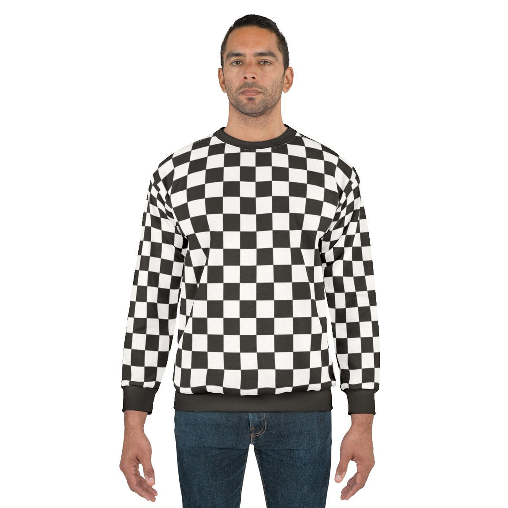 Black checkerboard pattern sweatshirt with modern, minimalist design