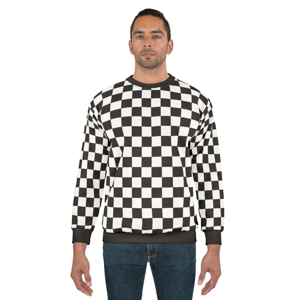 Black checkerboard pattern sweatshirt with modern, minimalist design