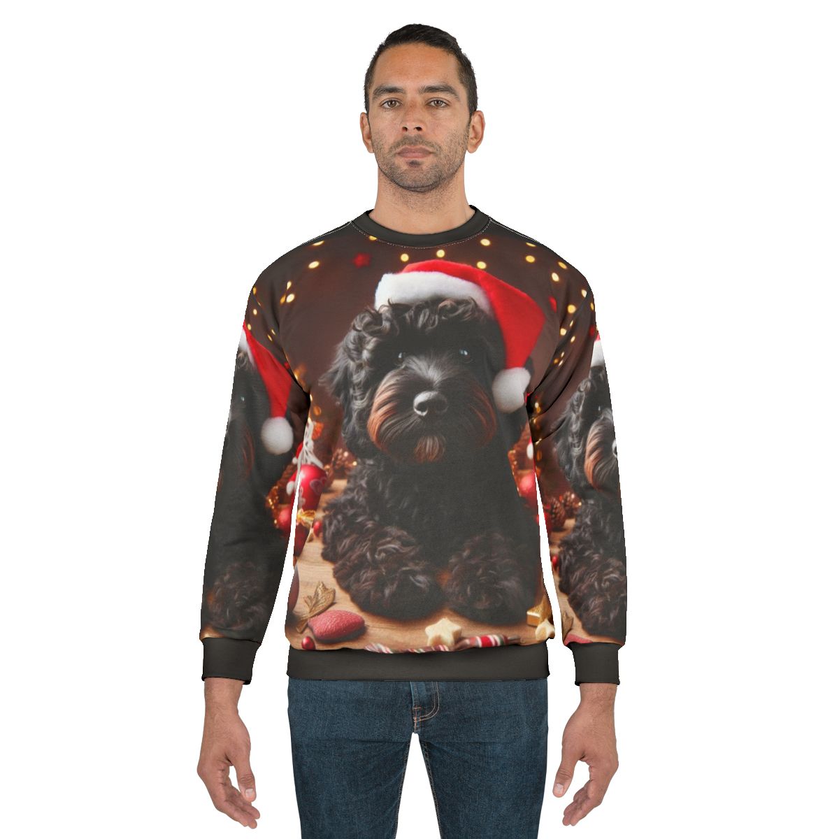 Black cockapoo dog wearing a Santa hat on a Christmas sweatshirt