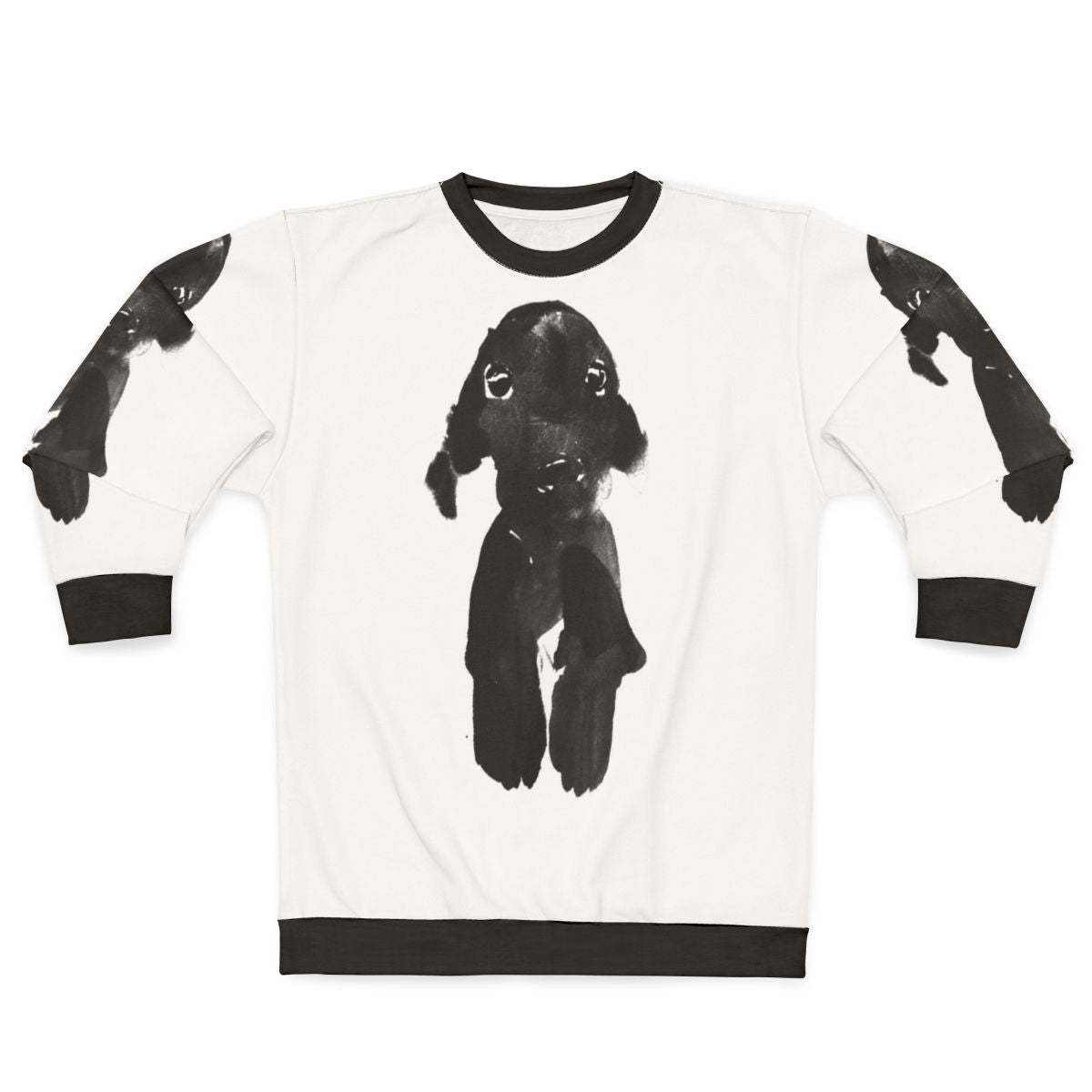 Black dog wearing a cozy sweatshirt
