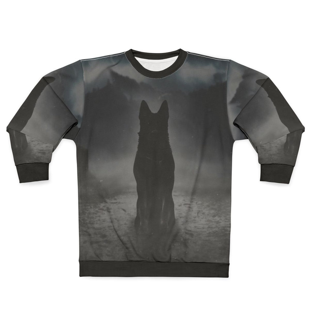 A black German shepherd dog silhouette in the foggy night