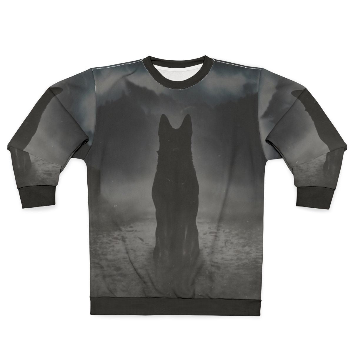 A black German shepherd dog silhouette in the foggy night