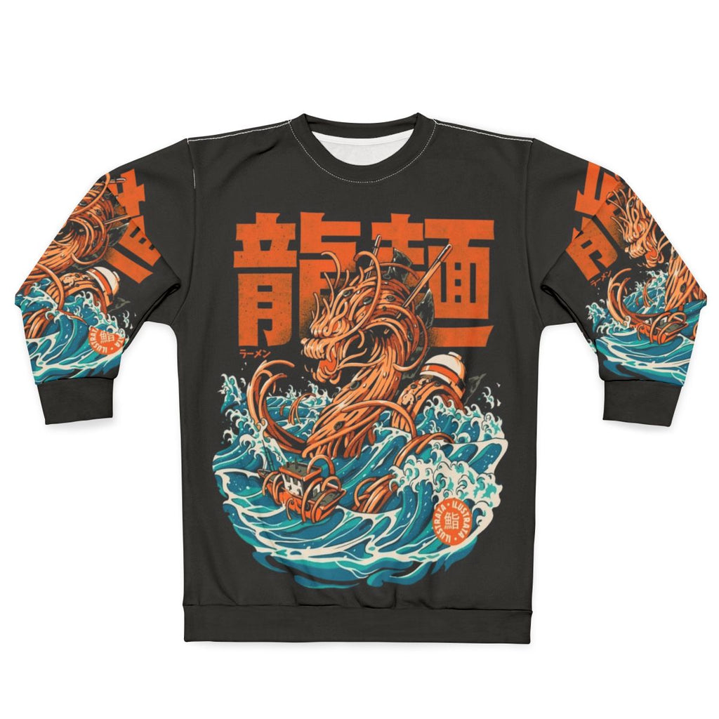 Black sweatshirt with anime-style ramen dragon design