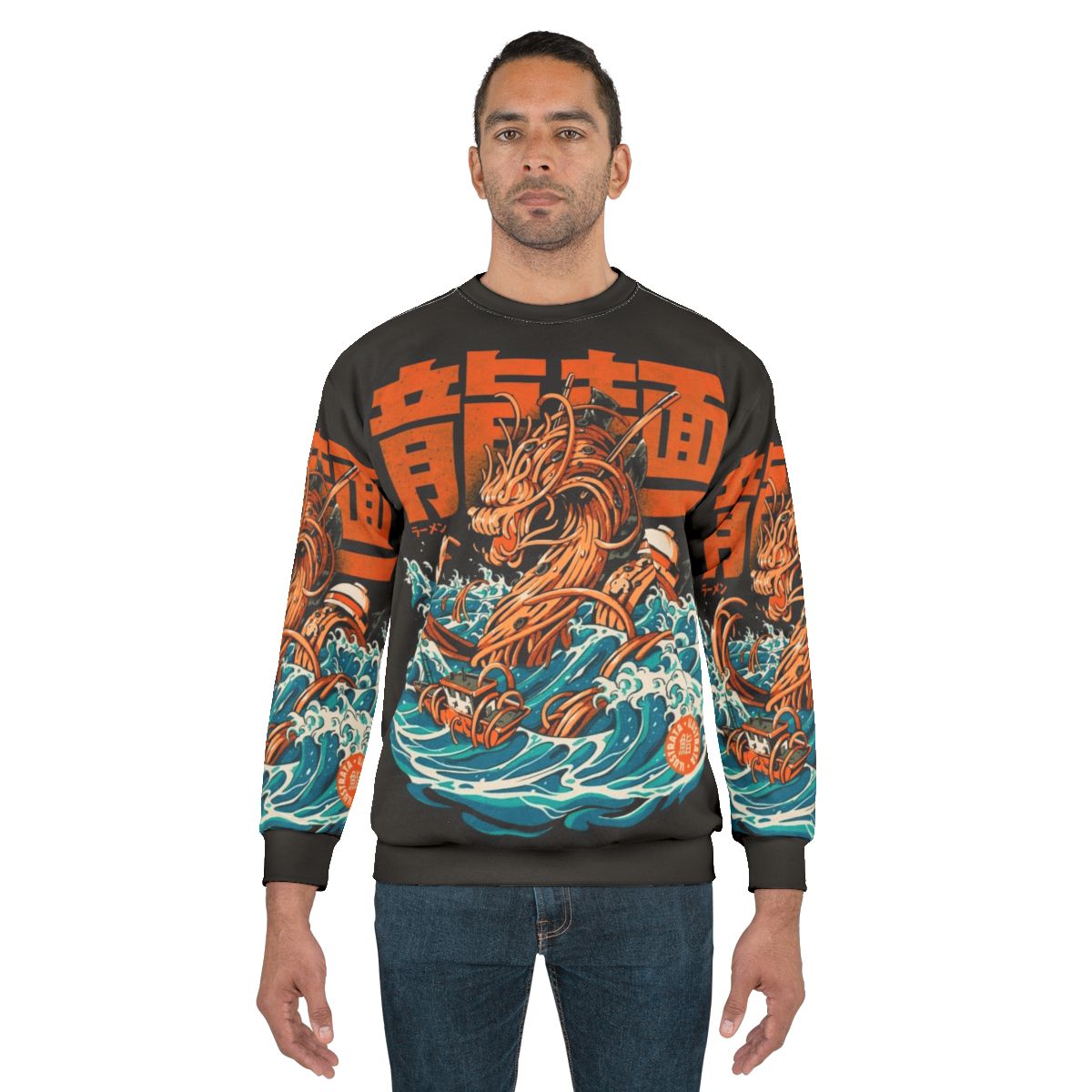 Black sweatshirt with anime-style ramen dragon design