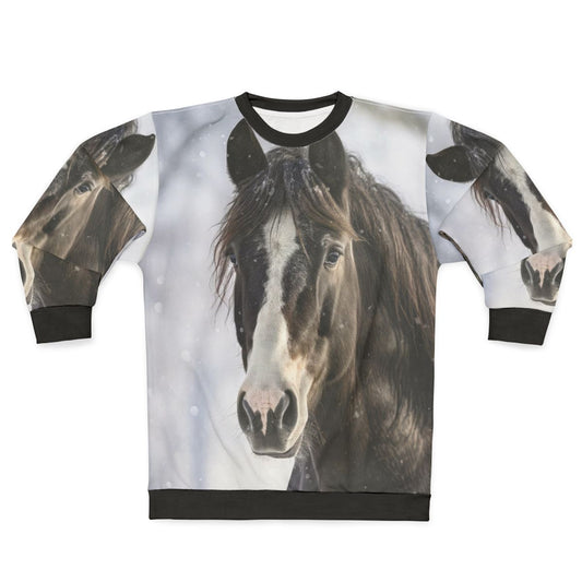 Black horse silhouette in winter scene on sweatshirt
