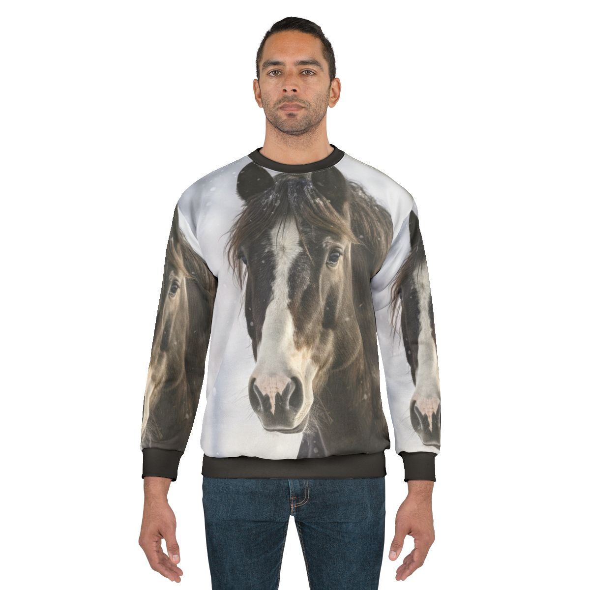 Black horse silhouette in winter scene on sweatshirt