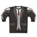 Black suit, red tie, and vest sweatshirt