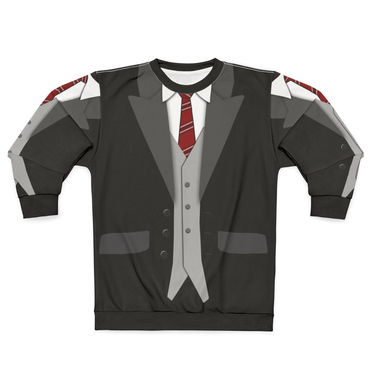 Black suit, red tie, and vest sweatshirt