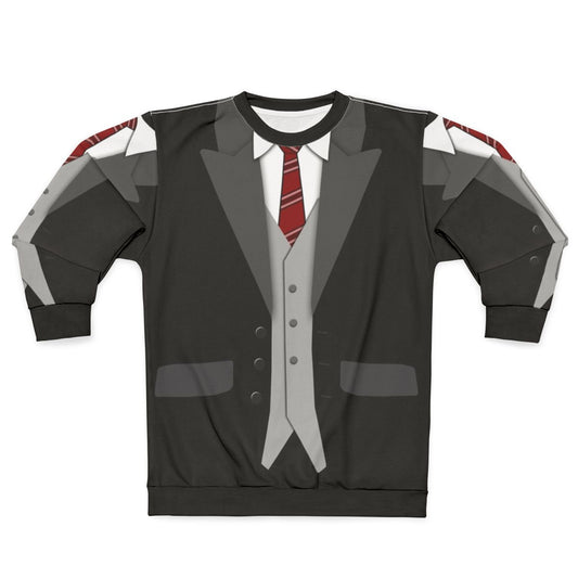 Black suit, red tie, and vest sweatshirt