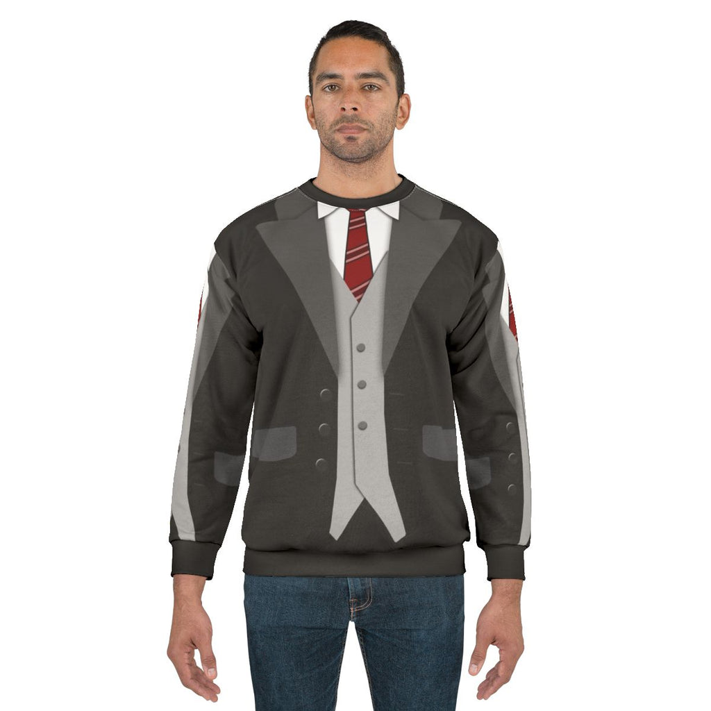 Black suit, red tie, and vest sweatshirt
