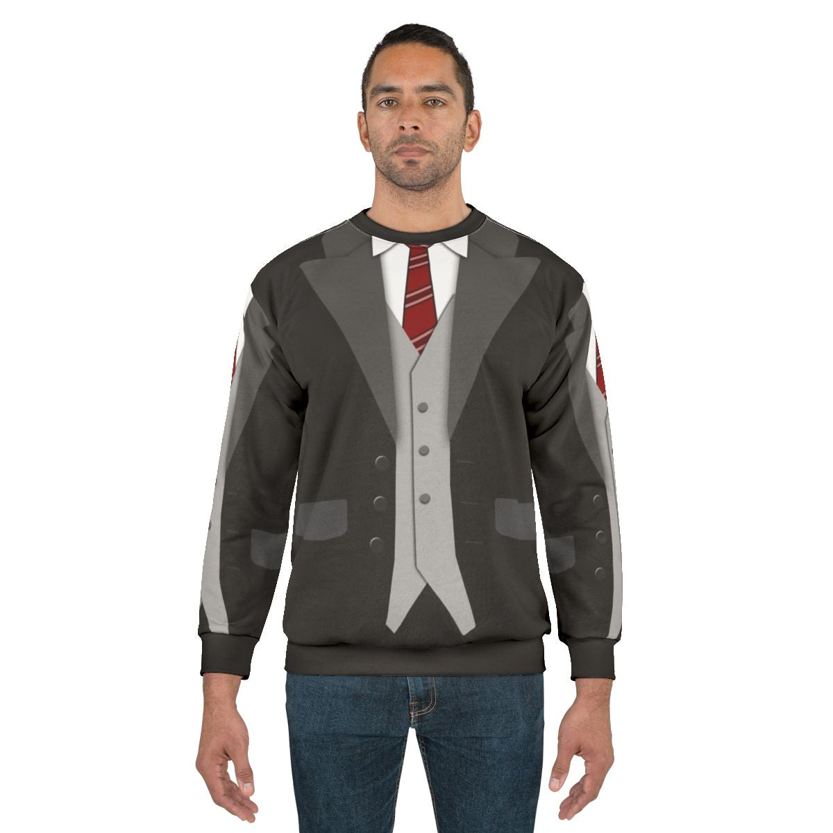 Black suit, red tie, and vest sweatshirt