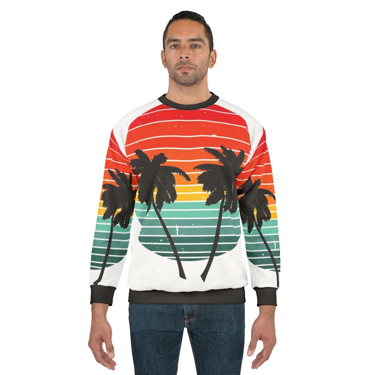 Black summer sweatshirt with vivid tropical palm tree design