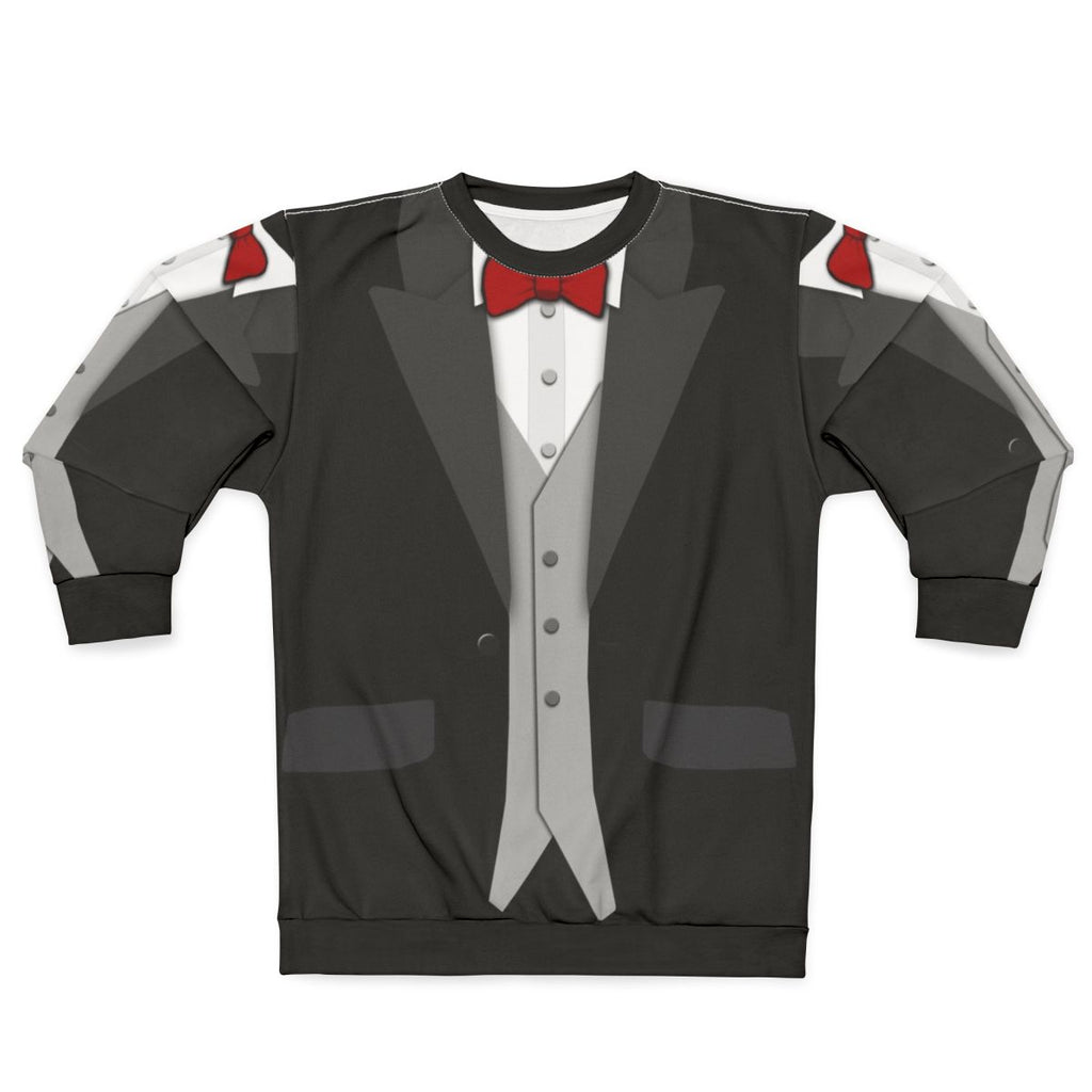 Black tuxedo sweatshirt with red bowtie and vest