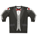 Black tuxedo sweatshirt with red bowtie and vest