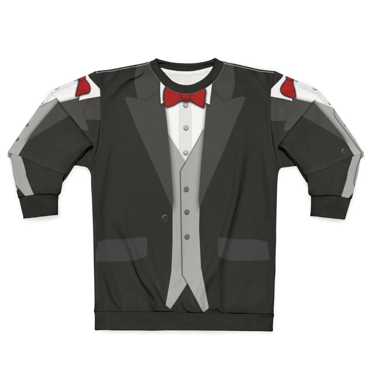 Black tuxedo sweatshirt with red bowtie and vest