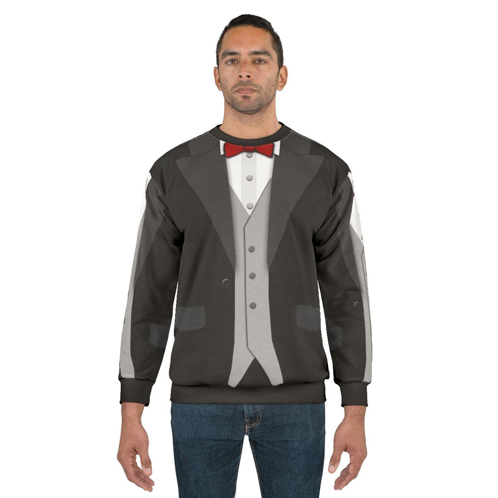 Black tuxedo sweatshirt with red bowtie and vest