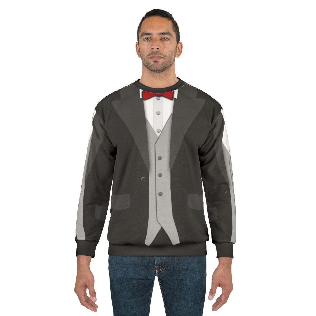 Black tuxedo sweatshirt with red bowtie and vest