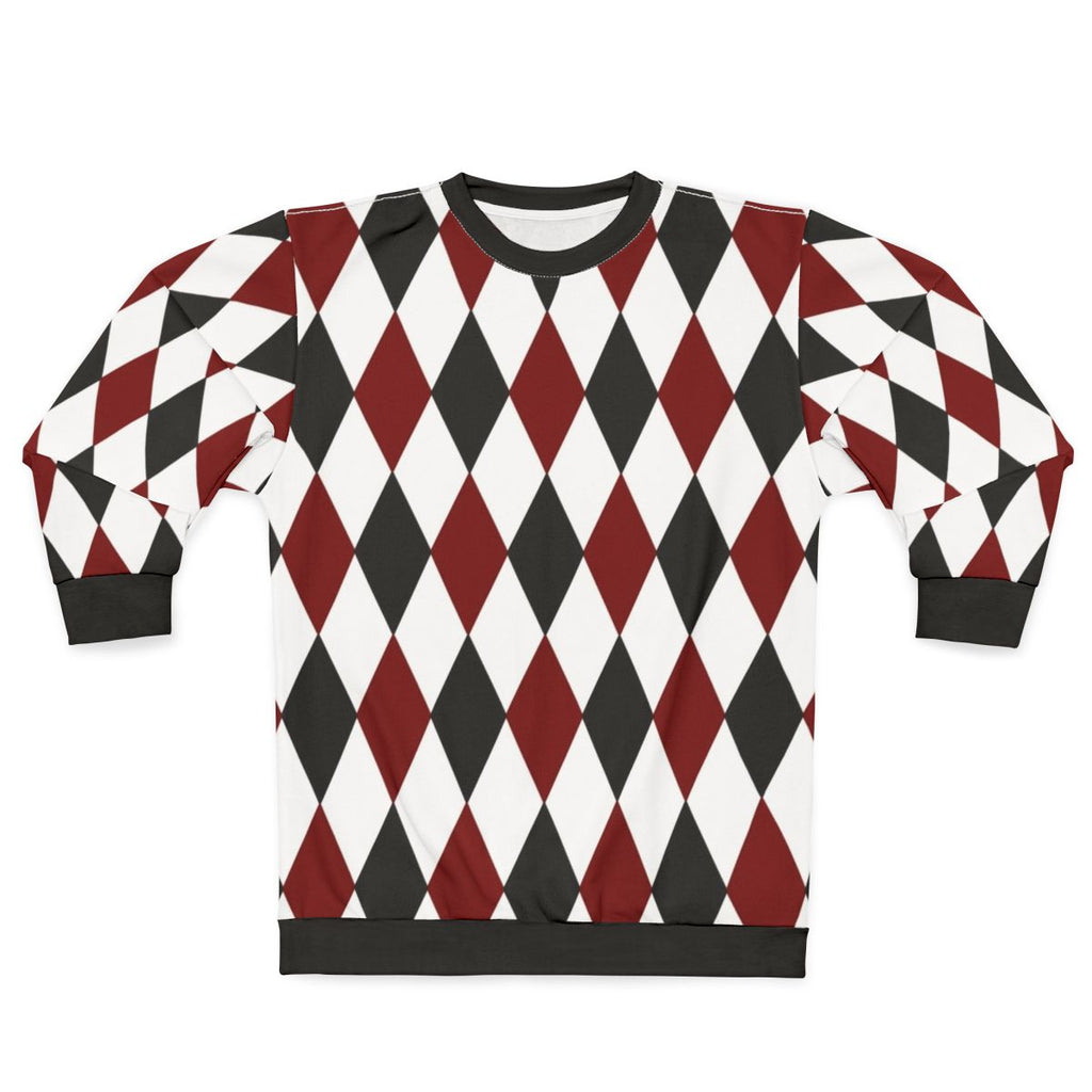 Black, white, and red harlequin diamond pattern sweatshirt