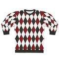 Black, white, and red harlequin diamond pattern sweatshirt