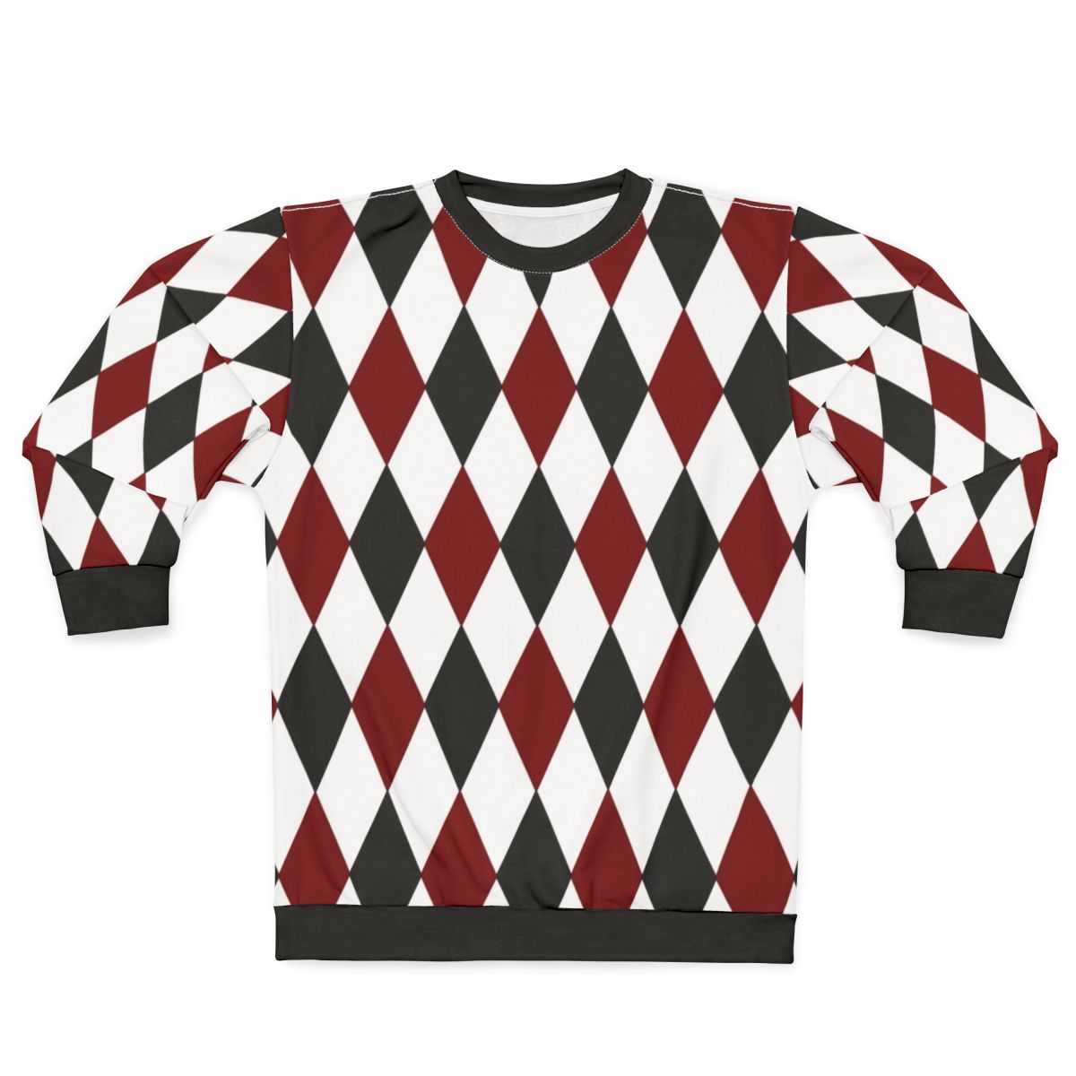 Black, white, and red harlequin diamond pattern sweatshirt