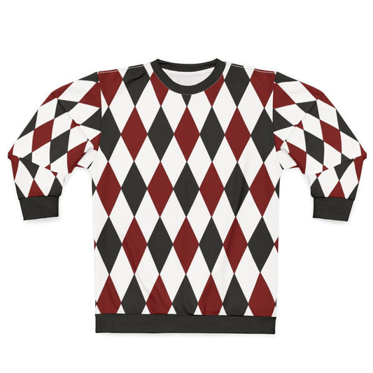 Black, white, and red harlequin diamond pattern sweatshirt