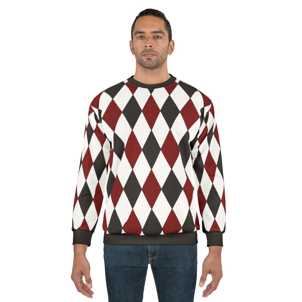 Black, white, and red harlequin diamond pattern sweatshirt