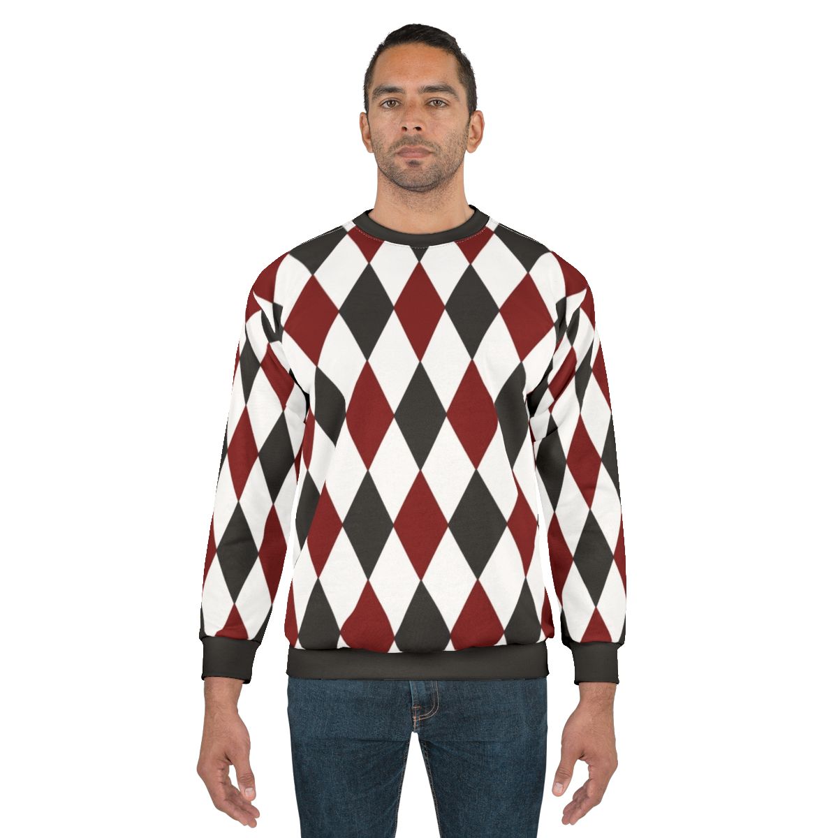 Black, white, and red harlequin diamond pattern sweatshirt