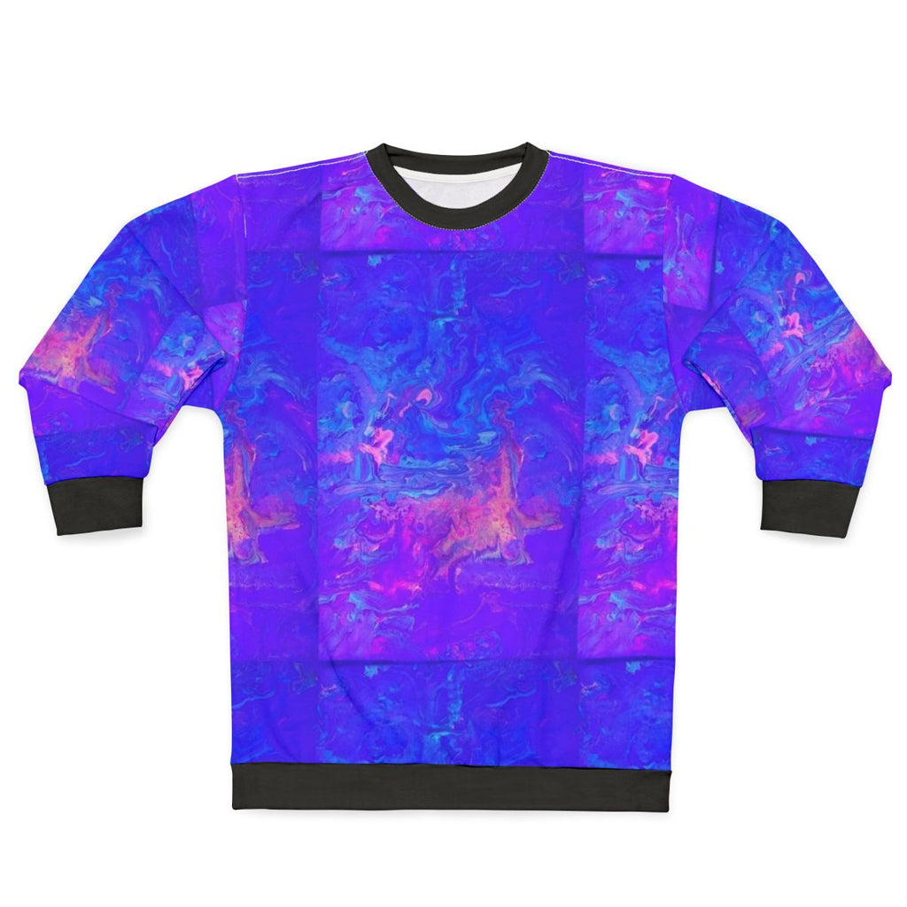 Blacklight fluid painting sweatshirt featuring a vibrant, psychedelic design