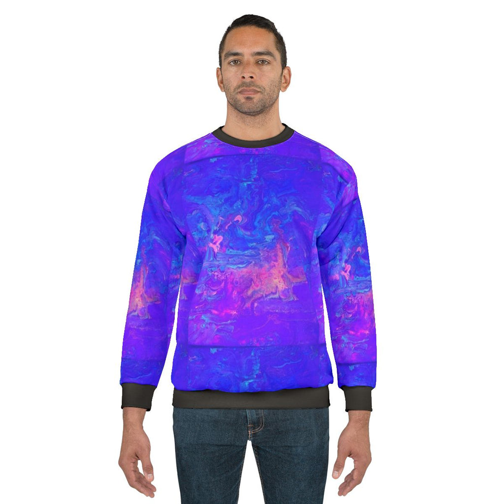 Blacklight fluid painting sweatshirt featuring a vibrant, psychedelic design