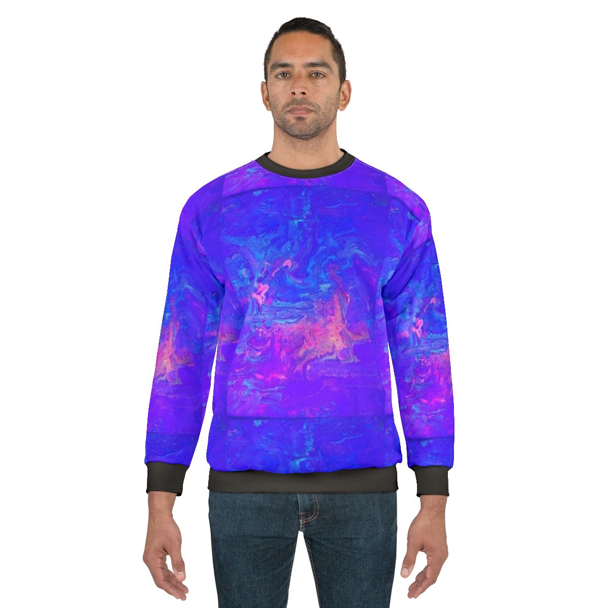 Blacklight fluid painting sweatshirt featuring a vibrant, psychedelic design