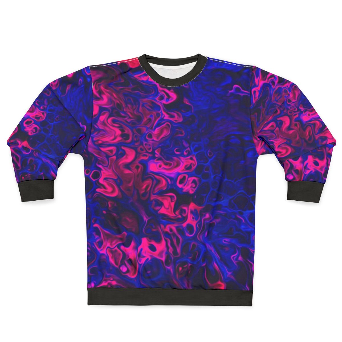 Blacklight poured acrylic sweatshirt with vibrant, energetic abstract pattern