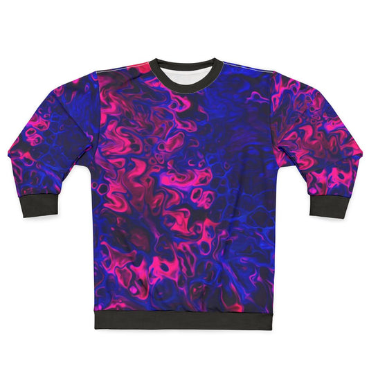 Blacklight poured acrylic sweatshirt with vibrant, energetic abstract pattern