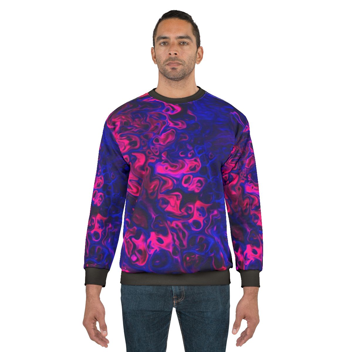 Blacklight poured acrylic sweatshirt with vibrant, energetic abstract pattern