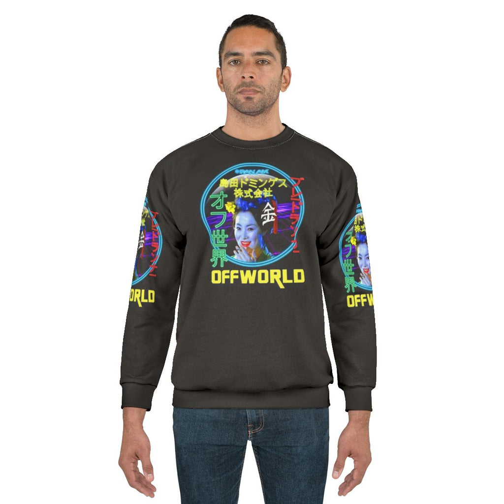 Blade Runner inspired futuristic sweatshirt featuring neon blimp design