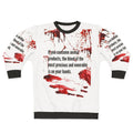 Animal rights activist wearing vegan sweatshirt with "Blood Is On Your Hands" message