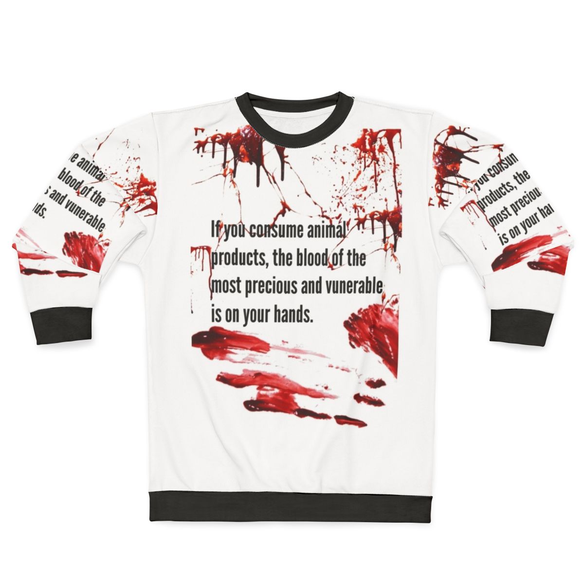 Animal rights activist wearing vegan sweatshirt with "Blood Is On Your Hands" message