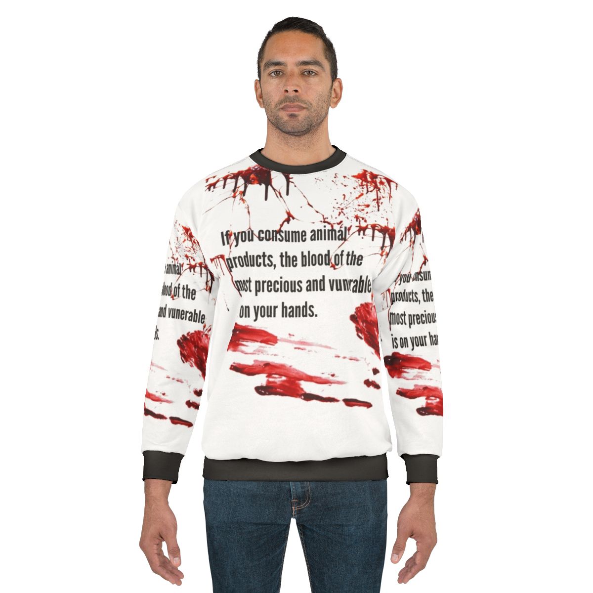Animal rights activist wearing vegan sweatshirt with "Blood Is On Your Hands" message