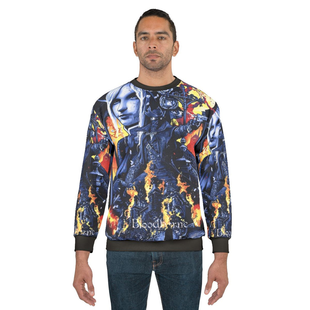 Bloodborne inspired sweatshirt featuring Yharnam gothic design