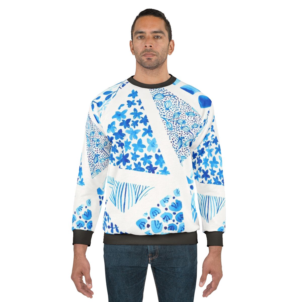 Blue abstract pattern sweatshirt with nature-inspired design
