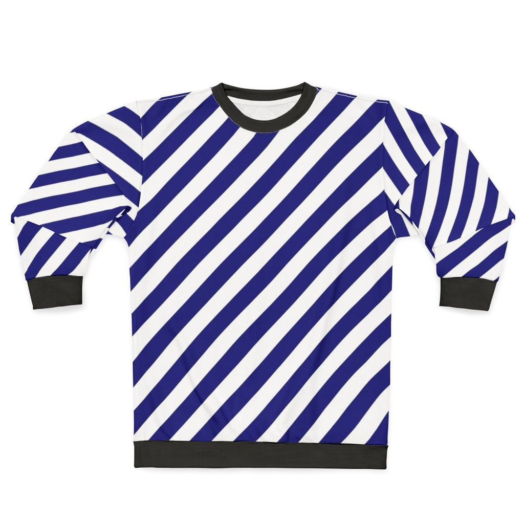Blue and white diagonal striped sweatshirt