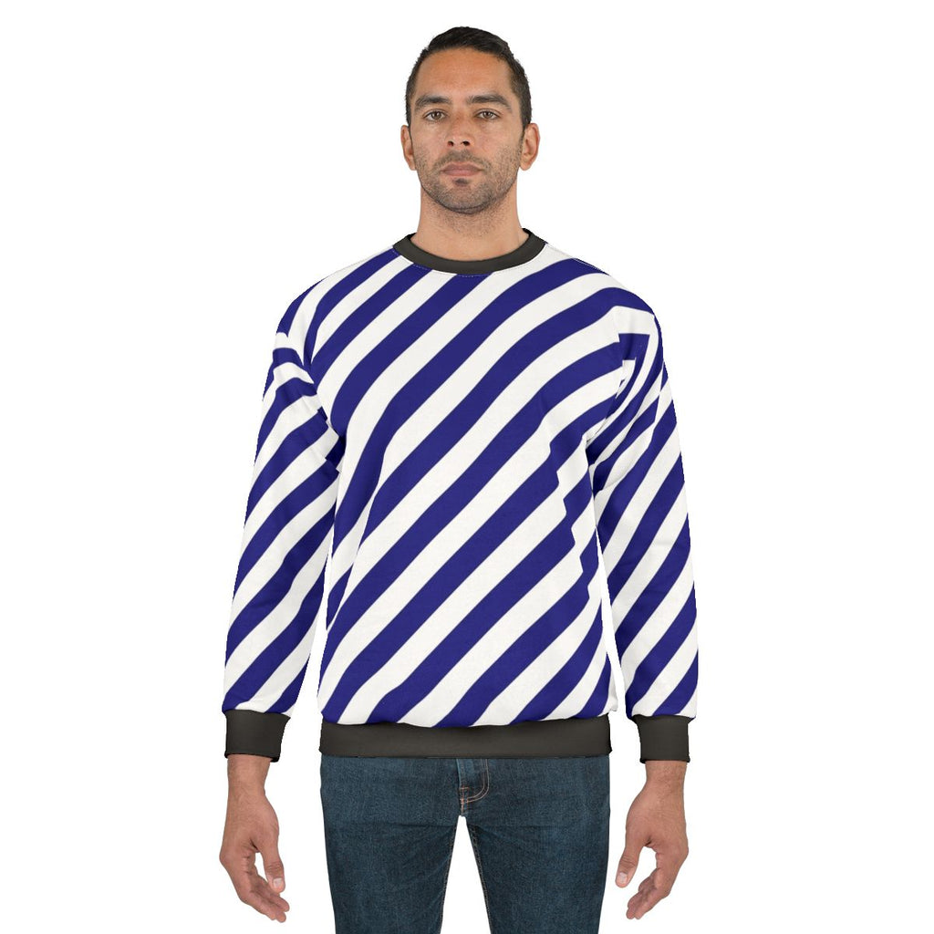 Blue and white diagonal striped sweatshirt