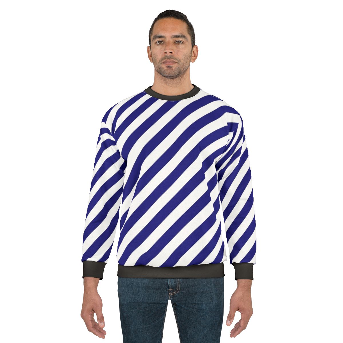 Blue and white diagonal striped sweatshirt