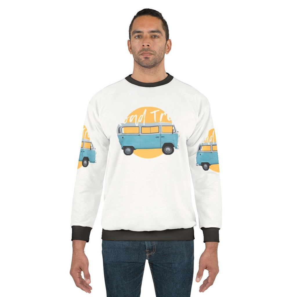Blue and yellow sweatshirt for travel, lifestyle, and hobbies