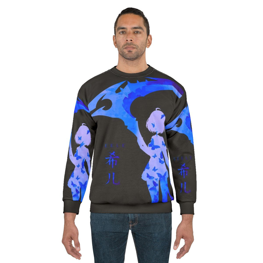 Blue Sweatshirt with Anime-style Butterflies Design