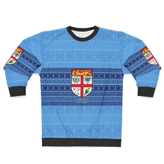 Blue Fiji Flag Masi Tapa Sweatshirt with Tribal and Polynesian Design