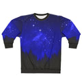 Blue galaxy forest night sky sweatshirt with trees and mountains